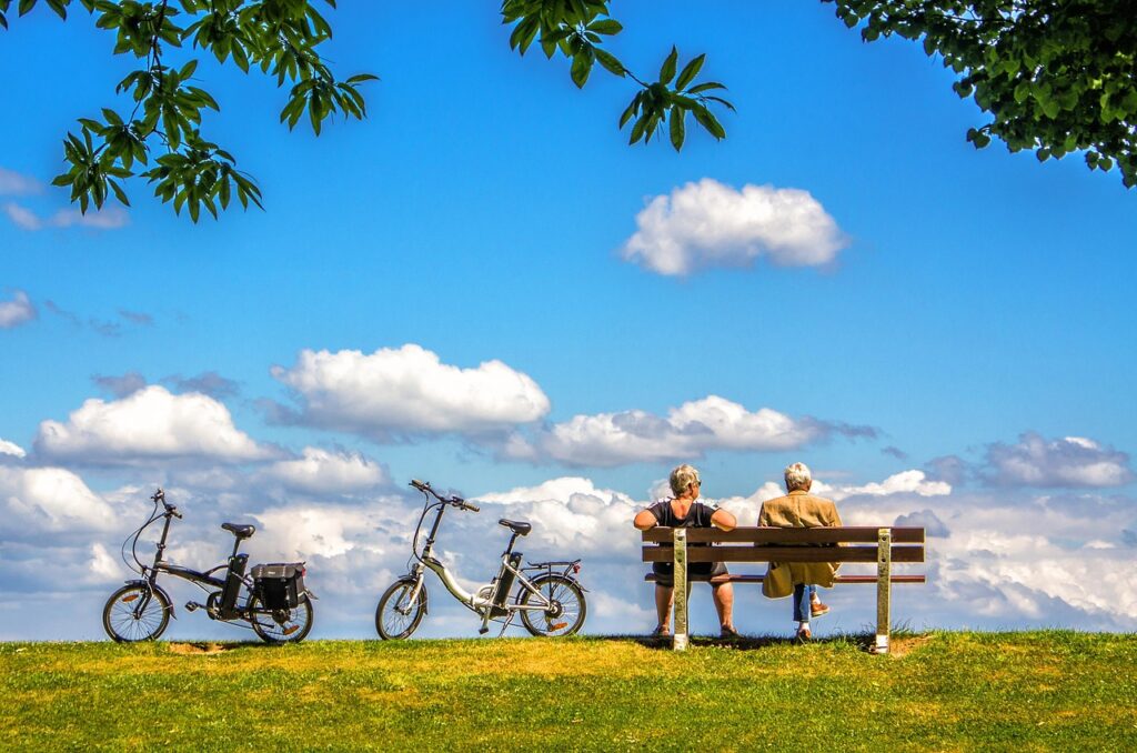 man, woman, nature, bicycle, bike, air, sky, bench, peace, people, couple
